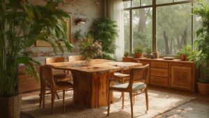 Sunlit rustic dining room filled with lush houseplants