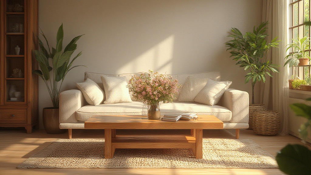 Sunlit living room with cream sofa, flowers and houseplants