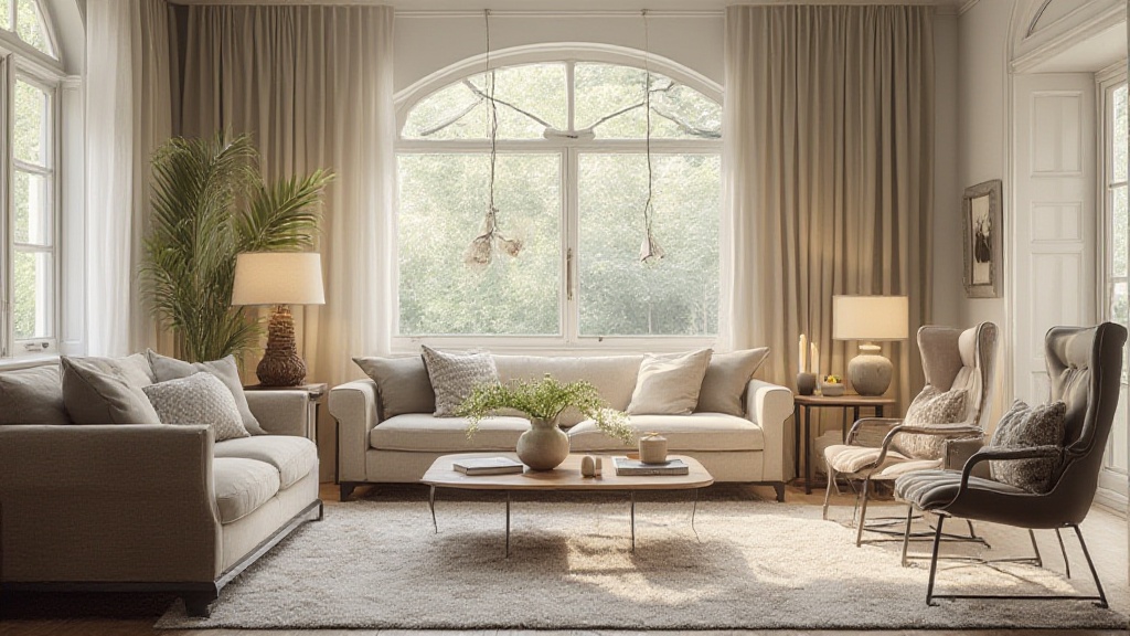 Sunlit neutral living room with sofas and armchairs