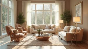 Sunlit neutral living room with sofas, armchairs and plants