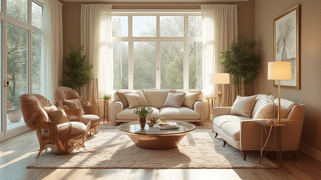 Sunlit neutral living room with sofas, armchairs and plants