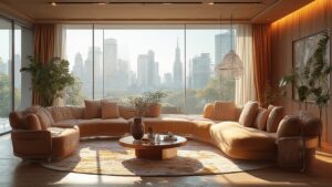 Sunlit luxury living room overlooking a modern city skyline