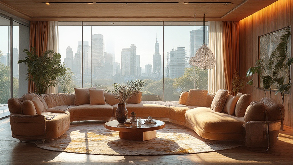Sunlit luxury living room overlooking a modern city skyline