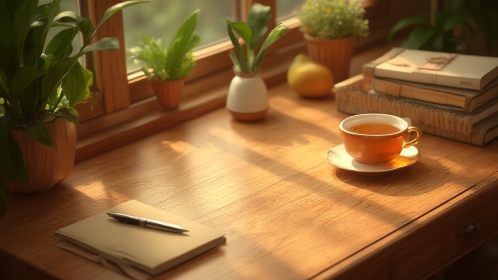 Bureau en bois baigné de soleil avec thé, plantes, carnet et livres