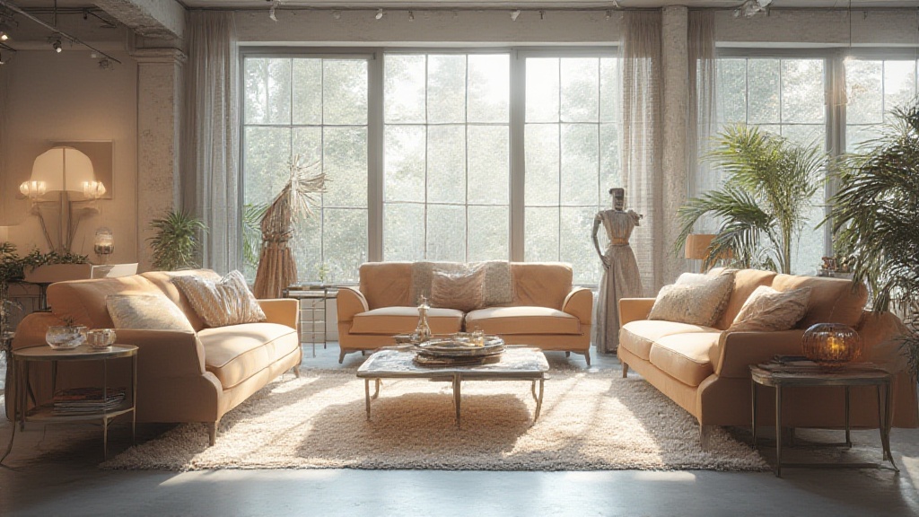 Sunlit lounge with tan sofas, plants and large windows