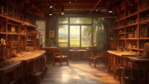Sunlit antique-filled workshop with wooden desks and shelves