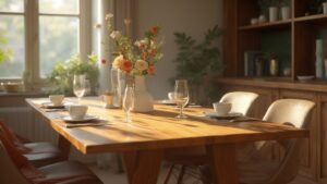 Sunlit dining table with flowers and place settings