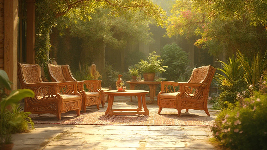 Sunlit garden patio with carved wooden chairs