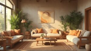 Sunlit living room with sofas, plants and wooden coffee table