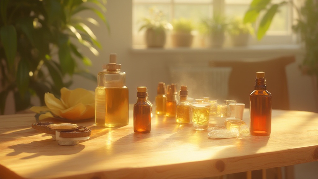 Bouteilles d'huiles essentielles ambrées sur une table en bois baignée de soleil