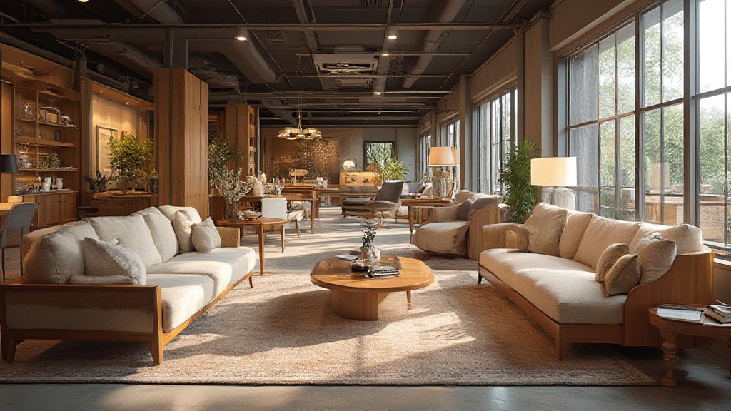 Sunlit industrial loft lounge with cream sofas