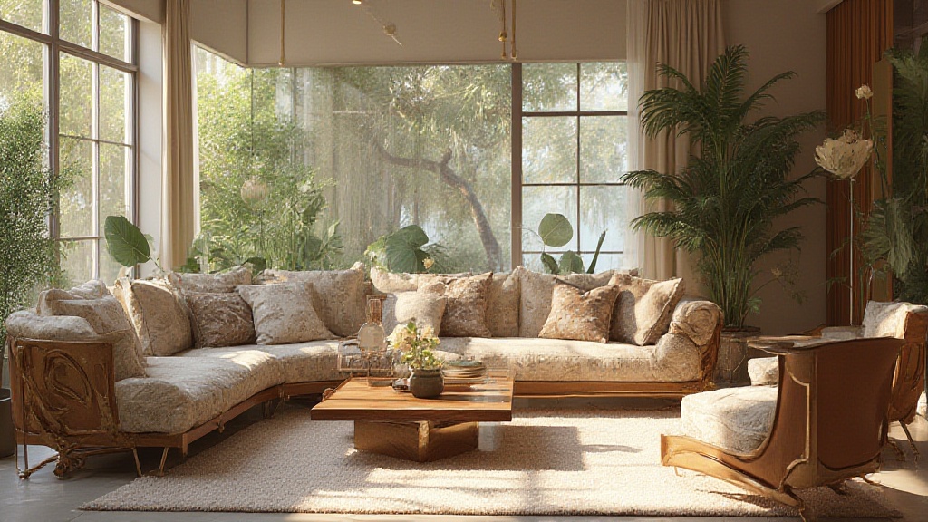 Sunlit living room with plush sofa and large plants