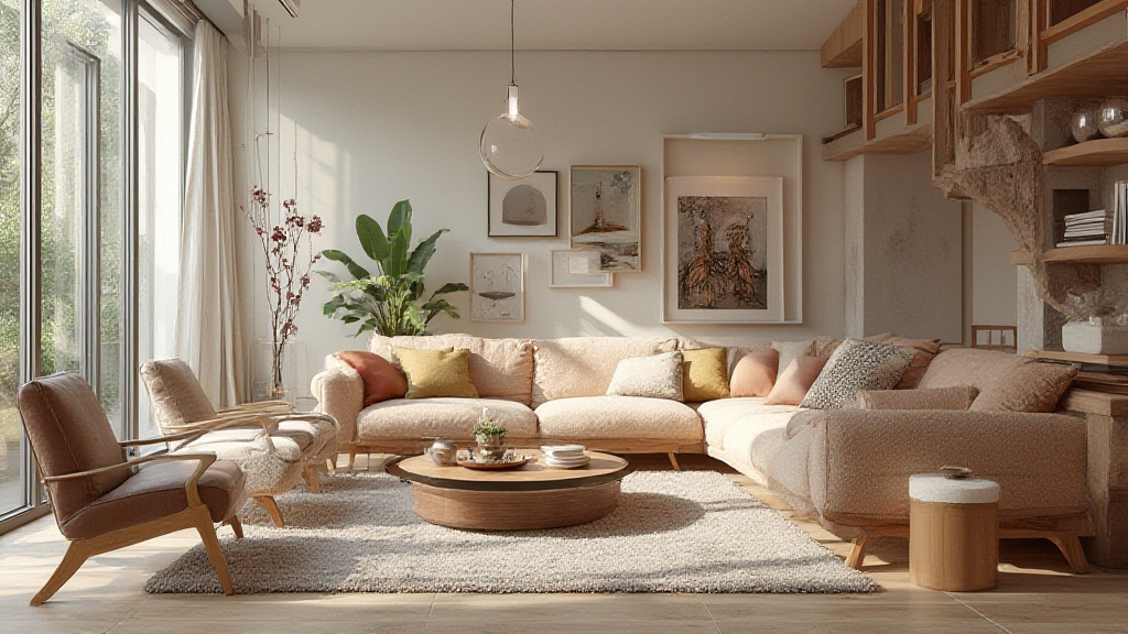 Sunlit modern living room with cream sectional sofa