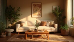 Sunlit living room with cream sofa and houseplants