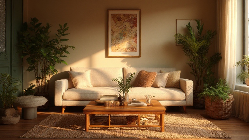 Sunlit living room with cream sofa and houseplants
