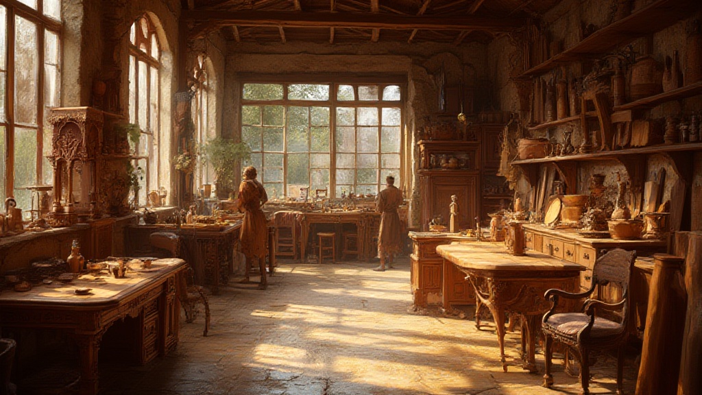Two figures in a sunlit rustic workshop kitchen
