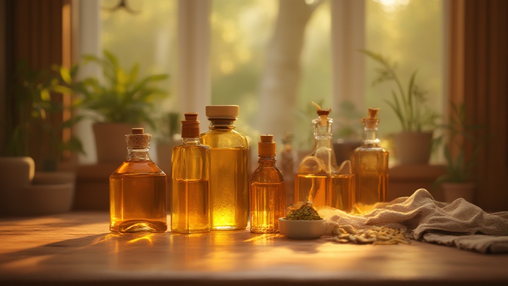 Bouteilles d'huile d'ambre sur une table en bois baignée de soleil