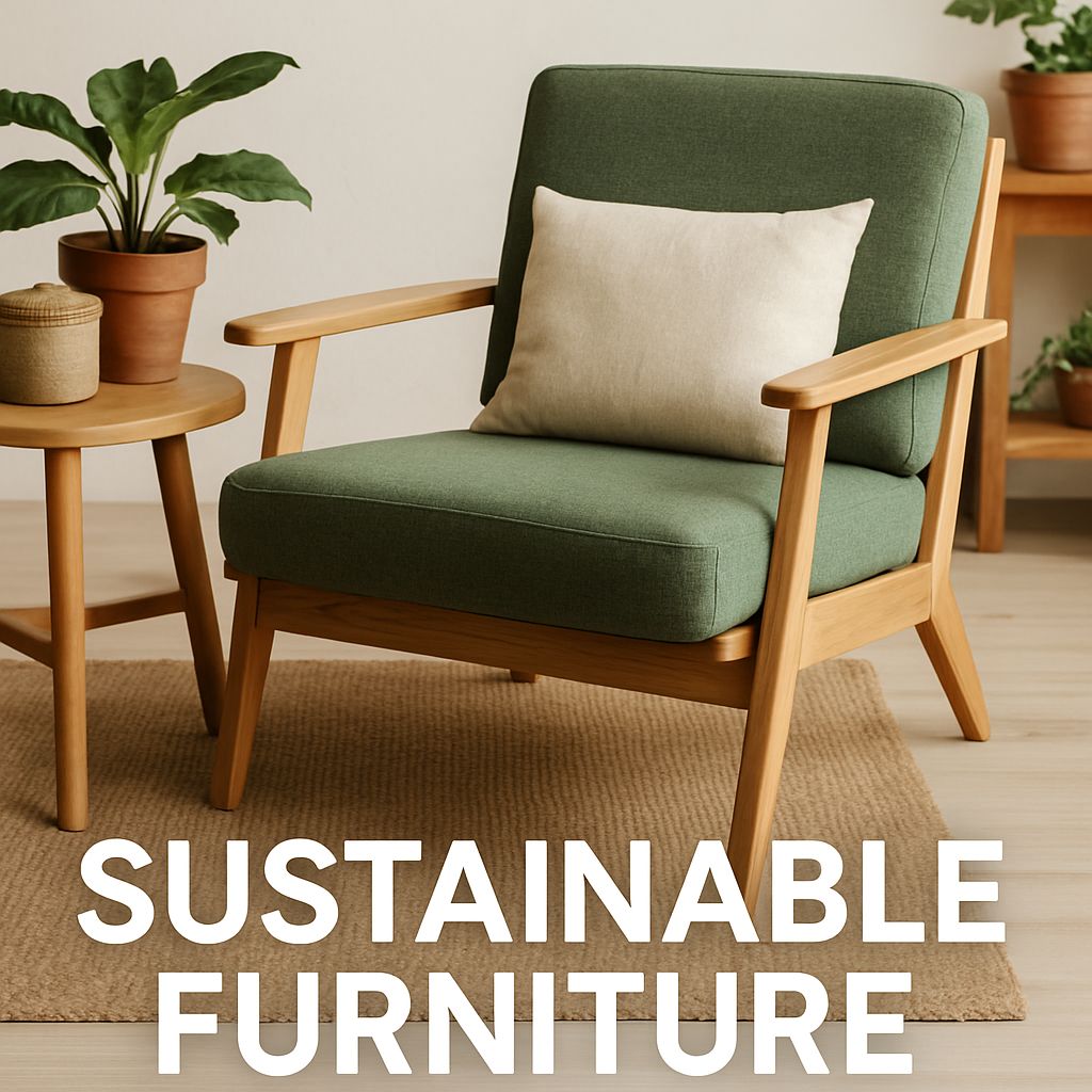 Green armchair with wooden frame and sustainable furniture text