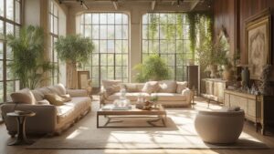 Sunlit botanical living room with sofas and large windows