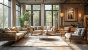 Sunlit contemporary living room with wooden furniture and plants