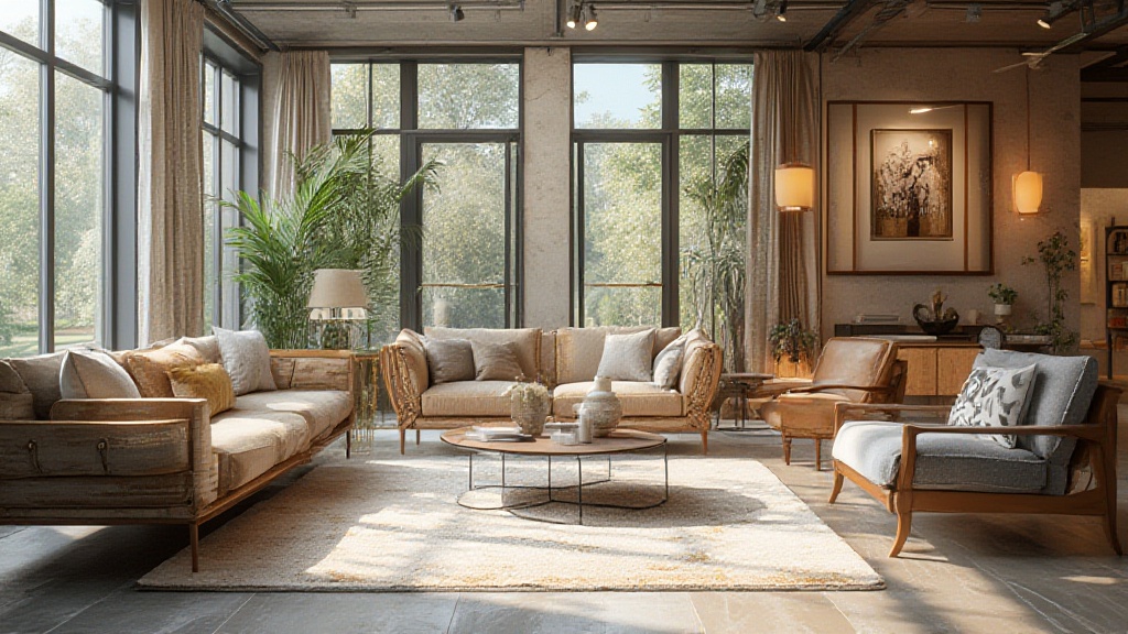 Sunlit contemporary living room with wooden furniture and plants