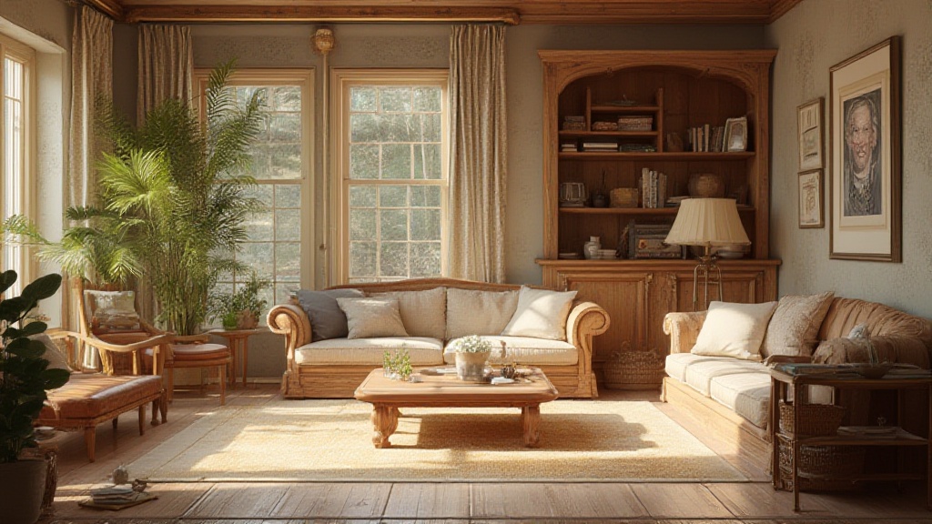 Sunlit traditional living room with sofas and large plants