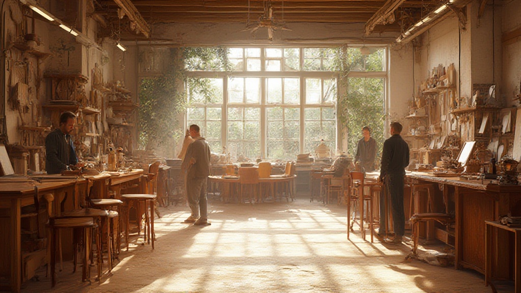 Sunlit workshop with artisans at cluttered wooden workbenches