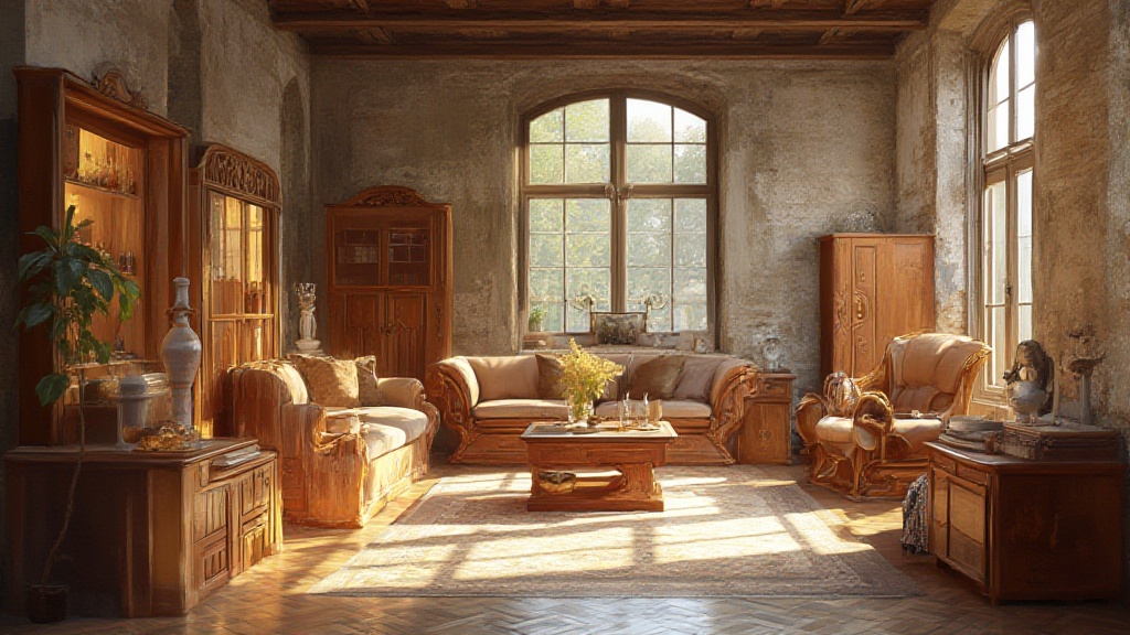 Sunlit vintage sitting room with wooden furniture and sofas