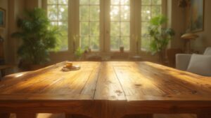 Sunlit wooden dining table beside large windows and houseplants