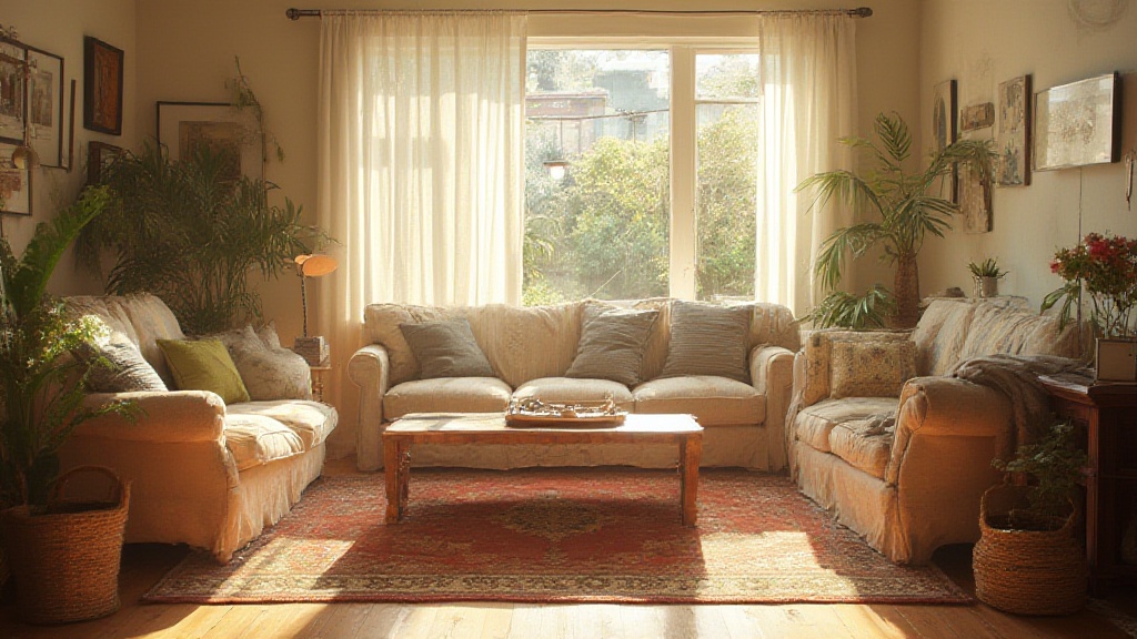Sunlit living room with sofas, plants and patterned rug
