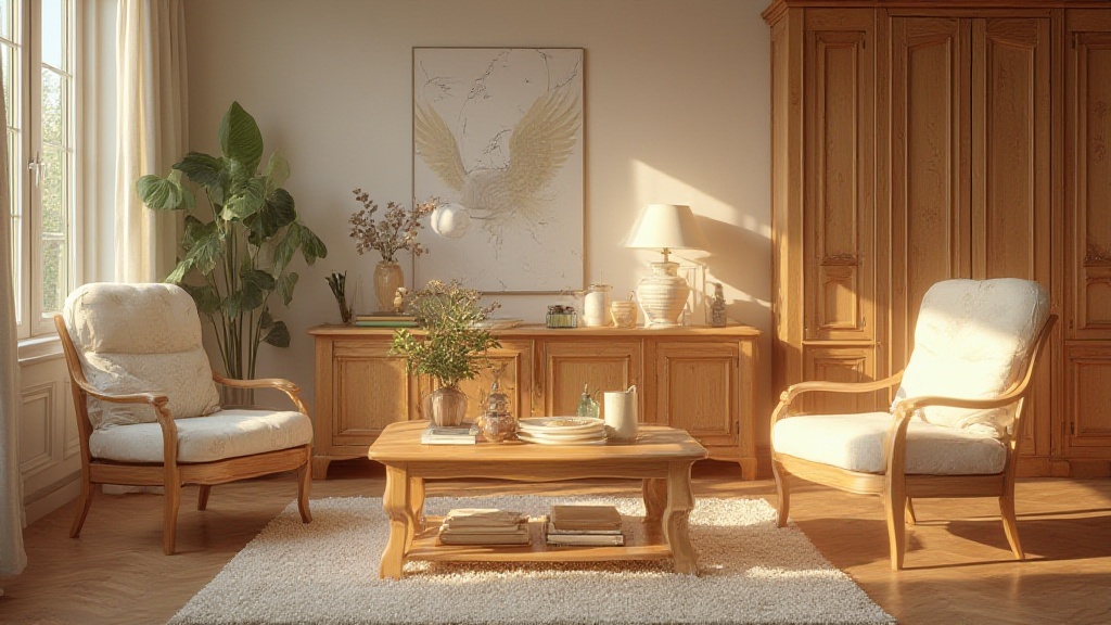 Sunlit living room with wooden furniture and armchairs