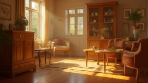 Sunlit traditional sitting room with wooden furniture and armchairs