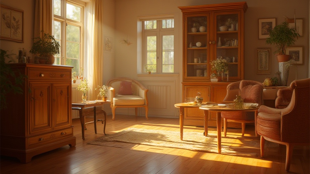 Sunlit traditional living room with wooden furniture and armchairs