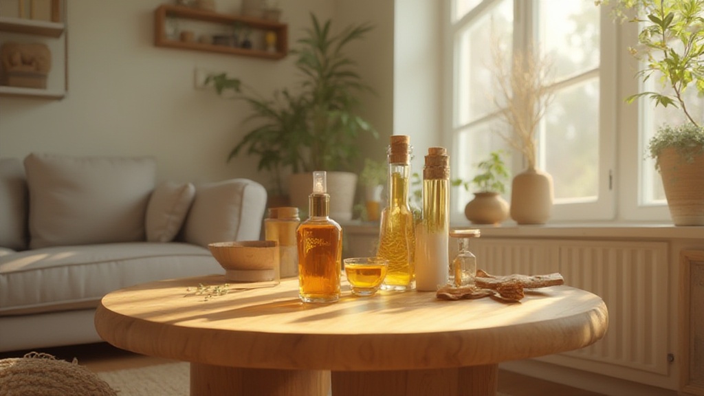 Bottles of oil and amber drink on wooden table
