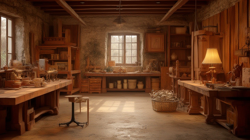 Warm rustic pottery workshop with sunlit central window