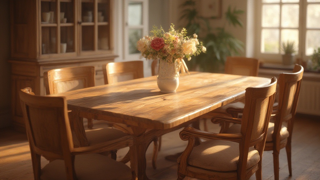 Sunlit wooden dining table with floral centrepiece and chairs