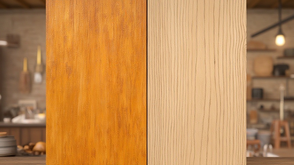 Two contrasting wooden panels in a blurred kitchen