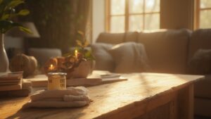 Sunlit wooden coffee table with candle and folded towels