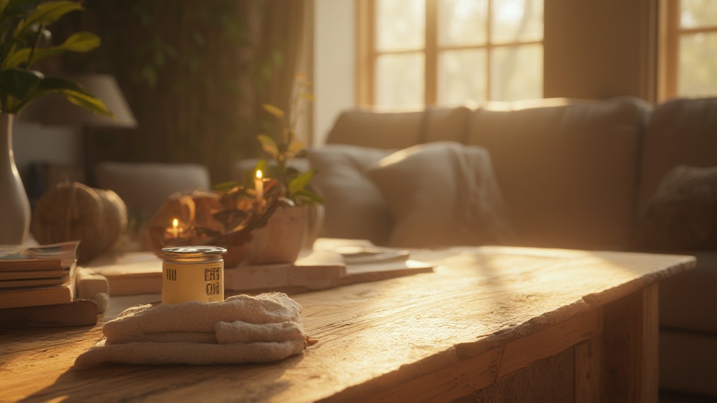 Sunlit wooden coffee table with candle and folded towels