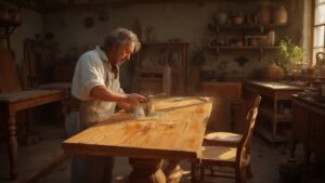 Craftsman planes wooden table in sunlit workshop