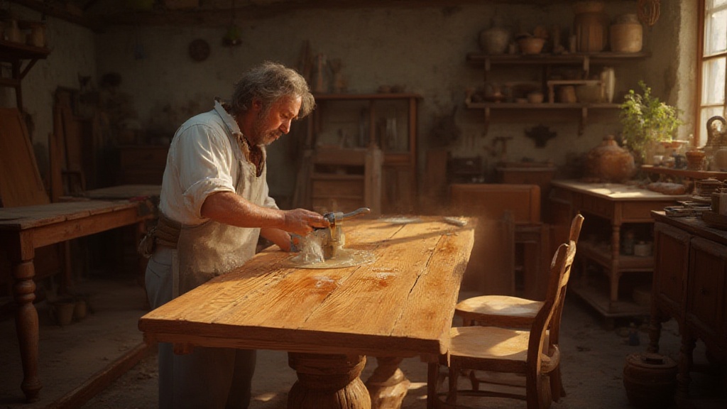 Craftsman planes wooden table in sunlit workshop