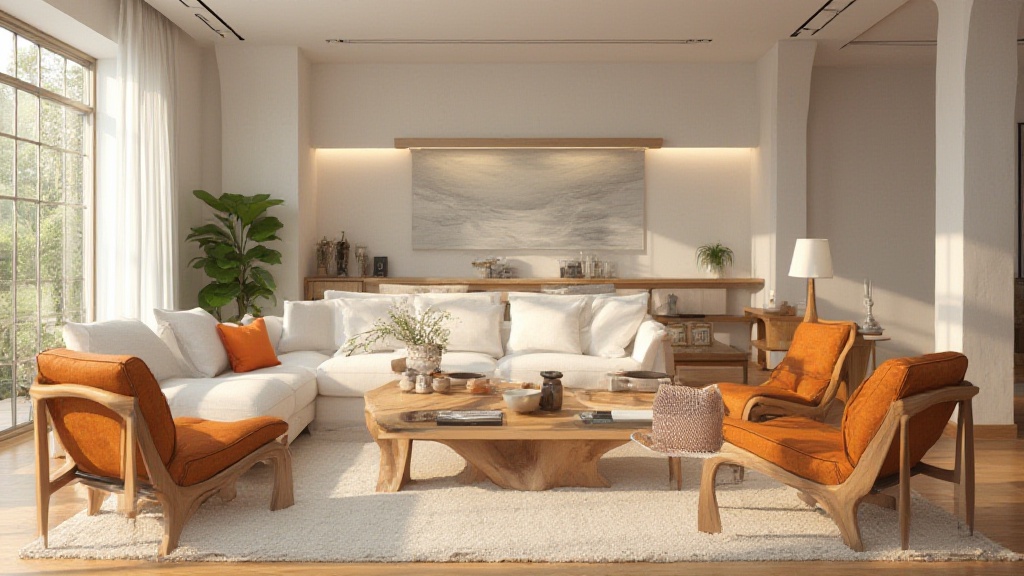 Sunlit living room with white sofa and orange armchairs