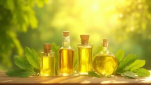 Four bottles of golden oil among green leaves