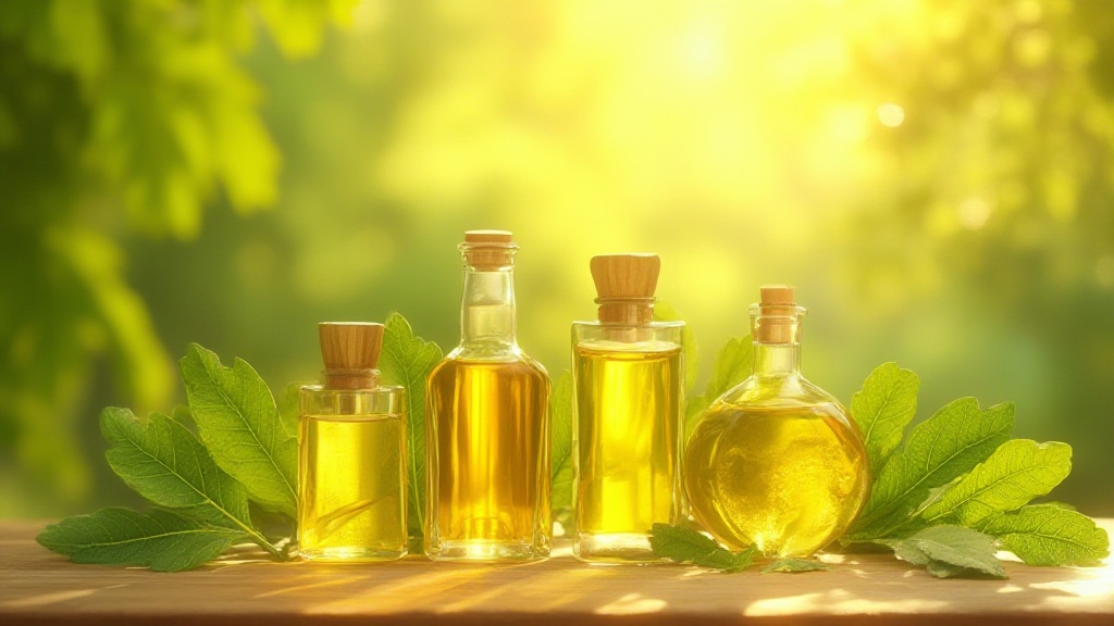 Four bottles of golden oil among green leaves